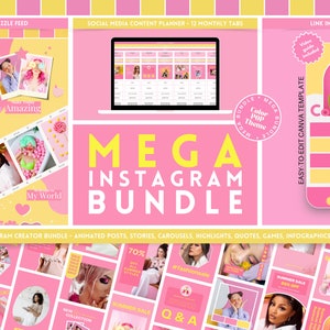 Mega Instagram Bundle Kit: post Color POP, storie, puzzle, caroselli, citazioni, pianificatore di contenuti per i social media, link nella biografia - Modifica in Canva