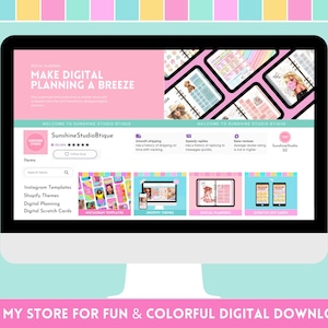 Puede incluir: Un monitor de ordenador muestra un sitio web con el texto &laquo; MAKE DIGITAL PLANNING A BREEZE &raquo;. El sitio web presenta productos de planificaci&oacute;n digital, plantillas de Instagram y temas de Shopify. La tienda se llama SunshineStudioBtique.