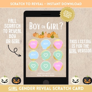Carte numérique à gratter C'est une fille : faire-part téléchargement immédiat - édition Halloween/automne