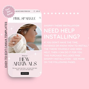 Puede incluir: Un gr&aacute;fico rosa que promociona los servicios de instalaci&oacute;n de temas de Shopify. La imagen presenta una maqueta de una pantalla de tel&eacute;fono que muestra un sitio web con el texto "PINK SPARKLE" y "NEW ARRIVALS". El texto a la derecha dice "NEED HELP INSTALLING?"