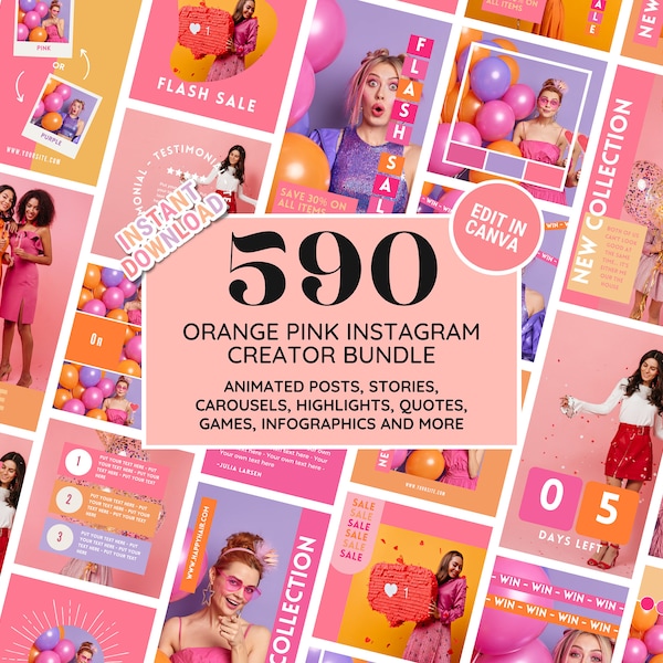 Instagram Template Bundle: Fun Orange Pink Social Media Kit - Posts, Stories, Carousels, Quotes, Highlight Covers - Edit in Canva