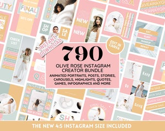 Instagram Template Bundle: Olive Rose Pastel Social Media Branding Kit - Portraits, Posts, Stories, Carousels, Quotes, Highlight Covers