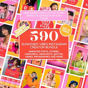 Puede incluir: Un vibrante collage de plantillas de Instagram con un esquema de color rosa y amarillo. El gr&aacute;fico central dice "590 Sunkissed Vibes Instagram Creator Bundle" con publicaciones animadas, historias y m&aacute;s. El texto adicional incluye "Summer Sale" y "Flash Sale".