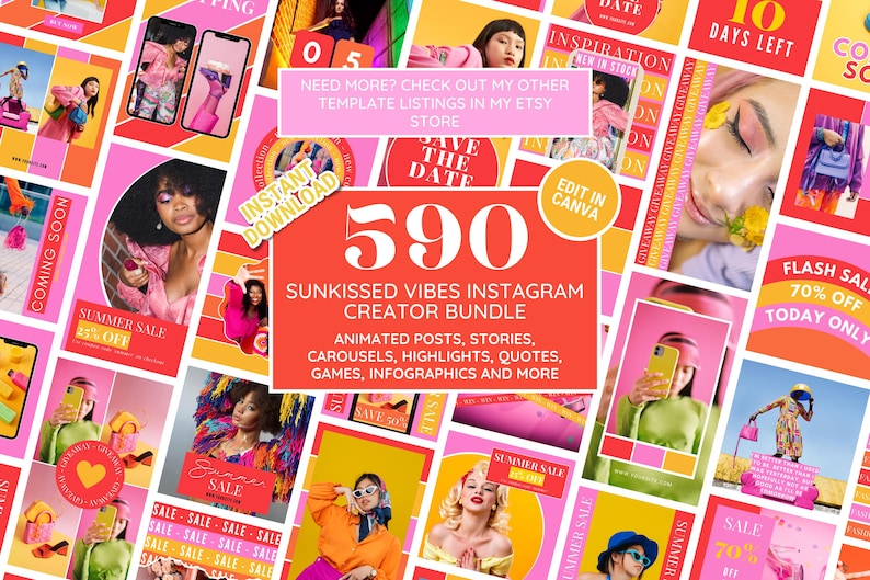 Puede incluir: Un vibrante collage de plantillas de Instagram con un esquema de color rosa y amarillo. El gr&aacute;fico central dice "590 Sunkissed Vibes Instagram Creator Bundle" con publicaciones animadas, historias y m&aacute;s. El texto adicional incluye "Summer Sale" y "Flash Sale".