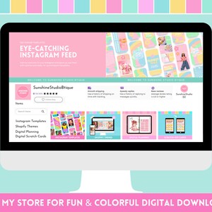 K&ouml;nnte beinhalten: Ein Computerbildschirm zeigt eine Website f&uuml;r digitale Produkte an. Die Website hei&szlig;t "Sunshine StudioBtique" und bietet eine Vielzahl von Artikeln, darunter Instagram-Vorlagen, Shopify-Themes, digitale Planung und digitale Rubbelkarten. Die Website hat ein helles und farbenfrohes Design mit einem rosa, gelben und blauen Farbschema.