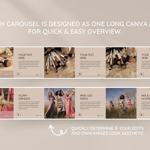 May include: A Canva template for creating social media carousels. The template includes four different images with text overlays. The images show makeup brushes, flowy dresses, wide-leg trousers, and a mix and match layering style. The text on the images includes "Your Text Here", "Flowy Dresses", "Wide-Leg Trousers", and "Mix & Match Layering".