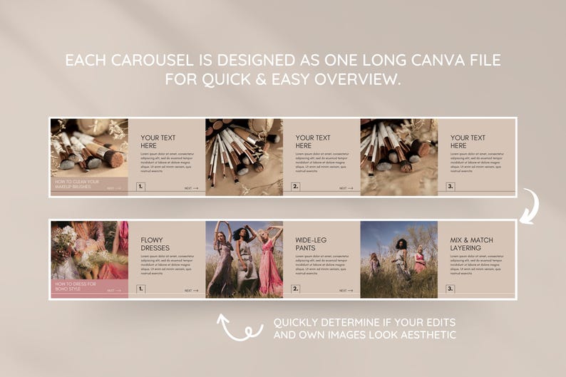 May include: A Canva template for creating social media carousels. The template includes four different images with text overlays. The images show makeup brushes, flowy dresses, wide-leg trousers, and a mix and match layering style. The text on the images includes "Your Text Here", "Flowy Dresses", "Wide-Leg Trousers", and "Mix & Match Layering".
