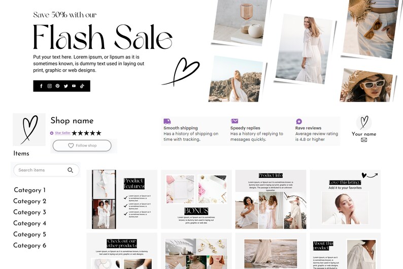 K&ouml;nnte beinhalten: Ein Screenshot einer Website, die einen Flash-Sale f&uuml;r einen Shop anzeigt, der Kleidung und Accessoires verkauft. Die Website hat einen wei&szlig;en Hintergrund mit schwarzem Text und Bildern von Frauen, die wei&szlig;e Kleidung tragen. Der Text "Flash Sale" wird in gro&szlig;er Schrift oben auf der Seite angezeigt. Die Website enth&auml;lt auch einen Bereich f&uuml;r Produktkategorien, eine Suchleiste und einen Bereich f&uuml;r Kundenbewertungen.