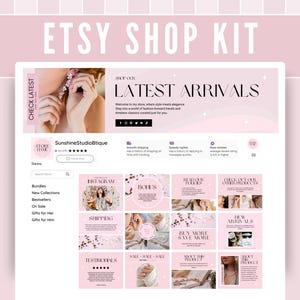 May include: A pink and white Etsy shop banner with the text "LATEST ARRIVALS" and a pink and white background with stars. The banner also includes a link to the shop's social media pages.