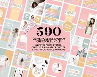 Instagram Template Bundle: Olive Rose Pastell Social Media Branding Kit - Posts, Stories, Karusselle, Zitate, Highlight Covers - In Canva bearbeiten