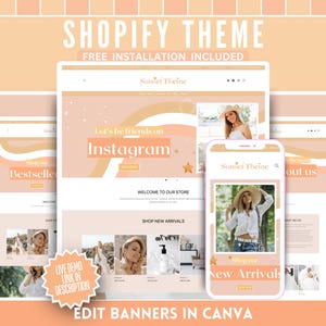 Cute Shopify Theme - Peach Sunrise Canva Banners & Logo Templates - Easy Website Setup - Perfect for Fashion, Beauty, Clothing, Jewelry