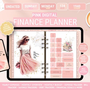 May include: Pink digital finance planner with 124 pages and 1940 stickers. The planner features a woman in a pink skirt and white shirt, with the text "Dream Plan Do" on the cover. The planner includes yearly expenses, monthly overview, monthly budget, expense tracker, bill tracker, savings trackers, debt trackers, financial goals, and more.