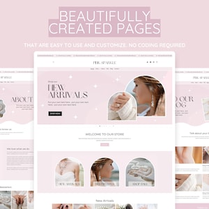 Puede incluir: Dise&ntilde;o web de Pink Sparkle con el texto "BEAUTIFULLY CREATED PAGES" y "THAT ARE EASY TO USE AND CUSTOMIZE. NO CODING REQUIRED". El sitio web muestra joyas y tiene secciones para "ABOUT", "NEW ARRIVALS" y un blog.