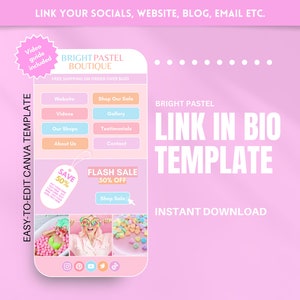 May include: A pink and white phone screen mockup with a link in bio template for a pastel boutique. The template includes links to the website, videos, shop, testimonials, and contact information. It also features a flash sale banner with 50% off.