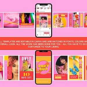 May include: A collection of 12 colorful Instagram post templates with pink, yellow, and red accents. The templates feature text such as "Summer Sale", "New Spring Collection", "Don't Quit", and "Only 10 Days Left".