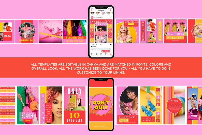 May include: A collection of 12 colorful Instagram post templates with pink, yellow, and red accents. The templates feature text such as "Summer Sale", "New Spring Collection", "Don't Quit", and "Only 10 Days Left".