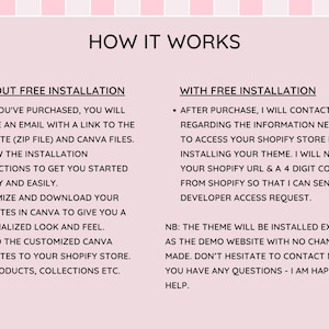 Puede incluir: Un fondo rosa y blanco a rayas con las palabras &laquo;HOW IT WORKS&raquo; en la parte superior. El texto describe los pasos para la instalaci&oacute;n de la plantilla, con y sin instalaci&oacute;n gratuita, incluidos los archivos de Canva y la personalizaci&oacute;n de la tienda Shopify.