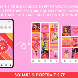 May include: A mockup of a phone screen displaying a social media post with a colorful striped design and the text "SH OP". The phone is next to a grid of 12 square social media posts with various colorful designs and text, including "DON'T QUIT" and "SALE". The text "SQUARE & PORTRAIT SIZE" is displayed below the images.