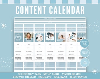 Social Media Planner - Google Sheets Content Calendar - Blue Growth Tracker, Feed Preview, 12 monthly and weekly tabs