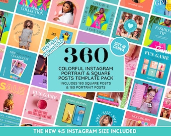 Instagram Template Portrait & Post Bundle: Colorful Social Media Feed Perfect for Fashion, Clothing, Salon, Beauty, Blogger - Edit in Canva