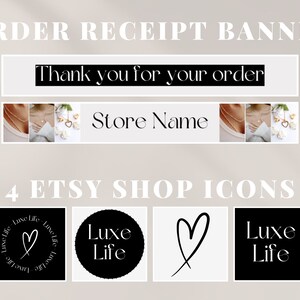 K&ouml;nnte beinhalten: Zwei schwarz-wei&szlig;e Bestellbest&auml;tigungsbanner mit dem Text "Vielen Dank f&uuml;r Ihre Bestellung" und "Shop Name". Vier schwarz-wei&szlig;e Etsy-Shop-Icons mit dem Text "Luxe Life" und einem Herzsymbol.