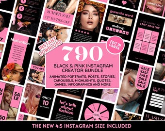 Chic Black & Pink Instagram Template Bundle: Portraits, Posts, Stories, Quotes, Carousels and Highlights - Branding Kit for Fashion, Beauty