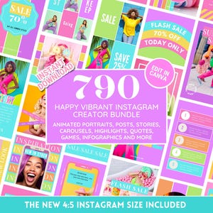 Happy Vibrant Instagram Template Bundle: Colorful Bold Posts, Stories, Carousels, Quotes and Highlight Covers for Eye-Catching Content
