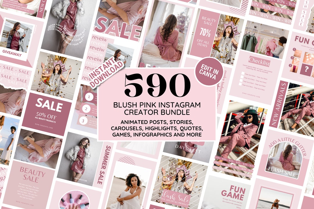 Blush Pink Instagram Template Bundle: Posts, Stories, Carousels, Quotes ...