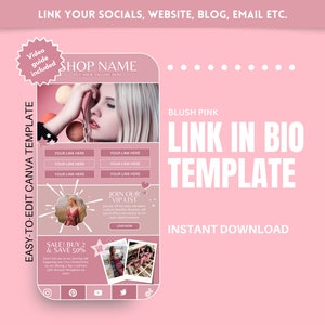 May include: A pink and white Link in Bio template for social media. The template features a woman's face, a sale banner, and a call to action to join a VIP list. The text "BLUSH PINK LINK IN BIO TEMPLATE" is displayed in white on a pink background.