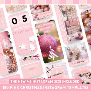 Pink Christmas Instagram Template Bundle featuring 150 Canva templates with stylish festive designs. Includes posts, stories, portraits, and highlight covers in soft pink tones with ornaments, stars, and gift boxes for countdowns, giveaways, flash sales, and holiday greetings, plus 4:5 Instagram size and instant download.