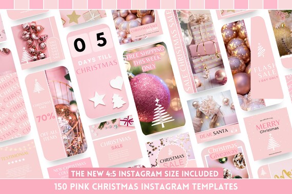Pink Christmas Instagram Template Bundle: Xmas Festive Posts, Portraits, Stories and Highlight Covers - Easy Edit in Canva