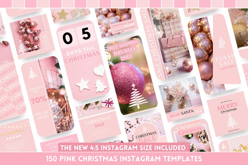 Pink Christmas Instagram Template Bundle featuring 150 Canva templates with stylish festive designs. Includes posts, stories, portraits, and highlight covers in soft pink tones with ornaments, stars, and gift boxes for countdowns, giveaways, flash sales, and holiday greetings, plus 4:5 Instagram size and instant download.