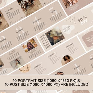 May include: A set of 10 Instagram story templates in a neutral beige colour scheme with text overlays. The templates feature images of women, fashion, and lifestyle elements. The text includes "It's our birthday", "50% off", "Use coupon code SALE", and "How to style your outfit".
