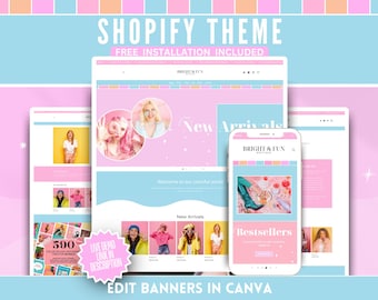 Cute Shopify Theme and Logo Templates - Easy Website Setup - Bright & Fun Pastel Small Business Starter Kit - DIY Canva Banners