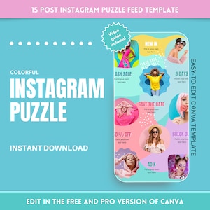 Könnte beinhalten: Eine bunte Instagram-Puzzle-Feed-Vorlage mit 15 Beiträgen. Die Vorlage enthält eine Vielzahl von Bildern und Texten, darunter "Neu", "Blitzverkauf", "Ascheverkauf", "Datum speichern", "3 Tage", "10 % Rabatt", "Auschecken" und "40.000". Die Vorlage ist einfach in Canva zu bearbeiten.
