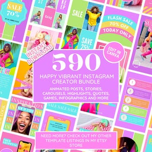 Puede incluir: Un gr&aacute;fico vibrante que presenta una colecci&oacute;n de plantillas de Instagram. El dise&ntilde;o incluye elementos rosas, azules y amarillos con el texto "590 Happy Vibrant Instagram Creator Bundle". El paquete incluye publicaciones animadas, historias, etc.
