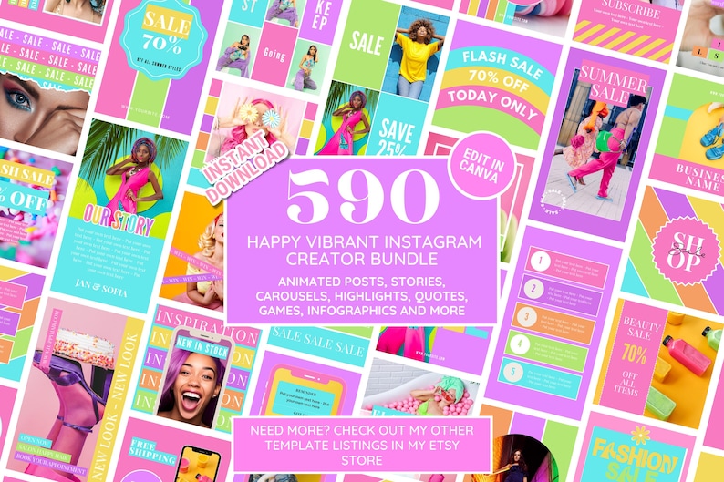 Puede incluir: Un gr&aacute;fico vibrante que presenta una colecci&oacute;n de plantillas de Instagram. El dise&ntilde;o incluye elementos rosas, azules y amarillos con el texto "590 Happy Vibrant Instagram Creator Bundle". El paquete incluye publicaciones animadas, historias, etc.