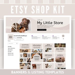 以下が含まれることがあります： 薄い茶色の背景と「My Little Store」と書かれたバナーを持つEtsyショップのホームページのデジタルモックアップ。ショップには、「配送」、「情報」、「新着商品」、「もっと買って、もっと節約」など、さまざまなセクションがあります。