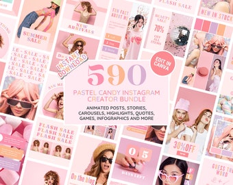 Instagram Template Bundle: Fun Pastel Candy Social Media Kit - Posts, Stories, Carousels, Quotes, Highlight Covers - Edit in Canva