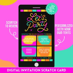 Carte à gratter numérique d'invitation à une fête néon - Donnez vie à votre fête avec une invitation amusante aux couleurs néon - personnalisée avant la livraison