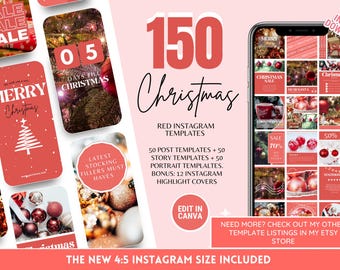 Christmas Instagram Template Bundle: Bright Festive Xmas Posts, Portraits, Stories and Highlight Covers - Seasonal Social Media Canva Kit