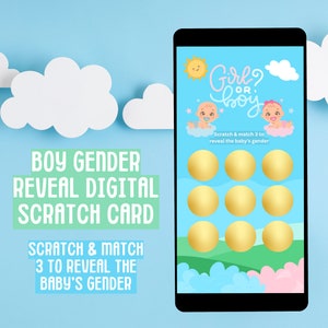 Carte numérique à gratter « Gender Reveal » pour GARÇONS : annonce téléchargement immédiat - Match 3 pour gagner !