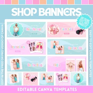 May include: A digital graphic featuring shop banner templates with pastel colors and various sections like "New Arrivals" and "Flash Sale." The text "SHOP BANNERS" is prominent, with additional text indicating the templates are editable in Canva.