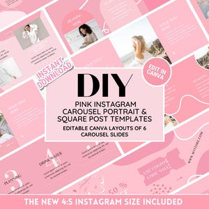以下が含まれることがあります： Canva 用のピンクの Instagram カルーセルと正方形の投稿テンプレート。テンプレートは、ピンクと白のカラーパレットで、抽象的な形とテキストのオーバーレイが特徴です。テキストには、「DIY」、「ピンクの Instagram カルーセルポートレート＆スクエアポストテンプレート」、「6 つのカルーセルスライドの編集可能な Canva レイアウト」、「新しい 4:5 Instagram サイズが含まれています」、「すべての購入に無料ギフト」が含まれています。