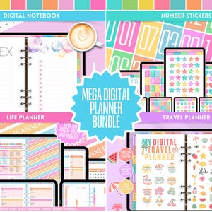 Colorful Digital Planner Bundle - Life Planner, Travel Planner, Notebook and Digital Number Stickers