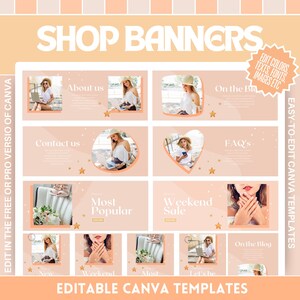 May include: A collection of shop banner templates in a soft peach color scheme. The banners include sections for "About Us," "Contact Us," "FAQ's," and "Weekend Sale." Text includes "Shop Banners" and "Editable Canva Templates."