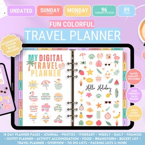 May include: A digital travel planner with a colourful summer theme. The planner includes 96 stickers and 89 pages. The planner is undated and can be used to plan trips throughout the year. The planner includes sections for journaling, photos, itineraries, weekly and daily schedules, finances, outfit planning, activities, accommodation, food, brainstorming, bucket lists, packing lists, and more.