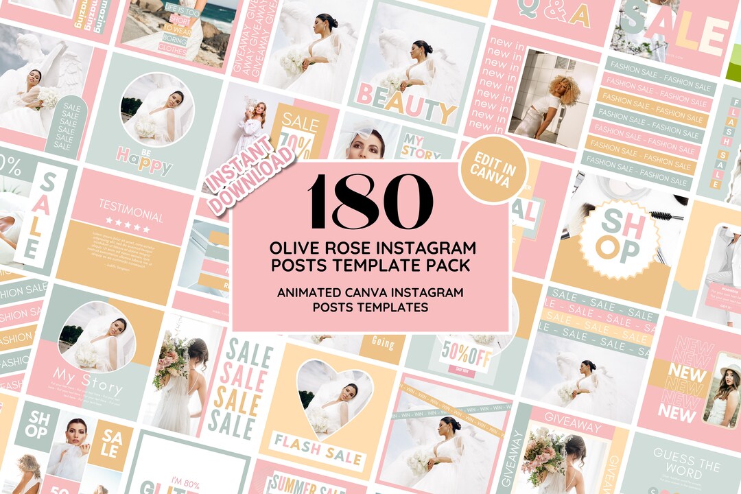 Instagram Post Template Bundle: Cute Pastel Olive Rose Social Media ...