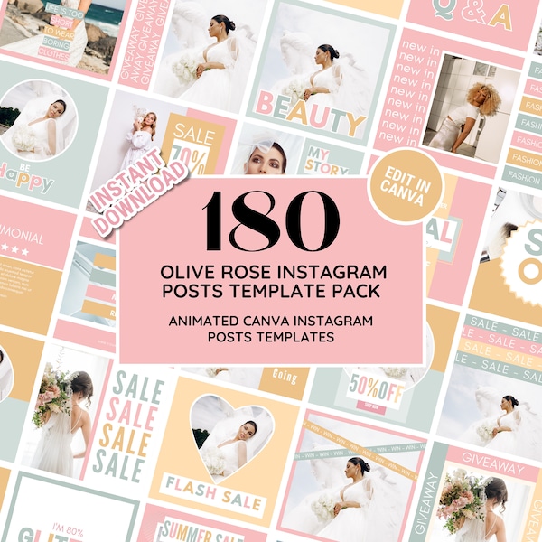 Instagram Post Template Bundle: Cute Pastel Olive Rose Social Media Feed Perfect for Boutique, Clothing, Salon, Entrepreneur - Edit in Canva