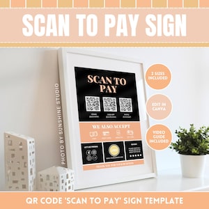 Scan to Pay Template QR Code Sign - Easy Payment & Follow Us on Social Media Display - Printable Edit in Canva Payment Method Sign